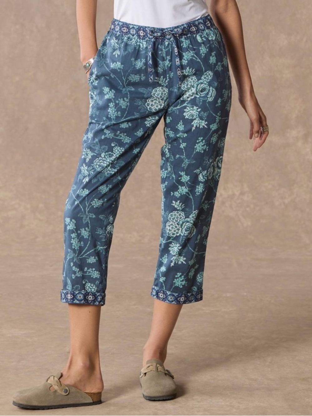 Sundance Leia Pants Blue Floral Cotton Pull On Crop Boho Cottagecore Size Large